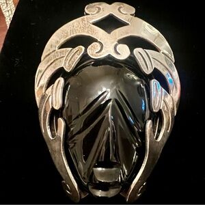 Carved Black Onyx and Sterling Silver ornate  Decorative  Tribal Mask Brooch
